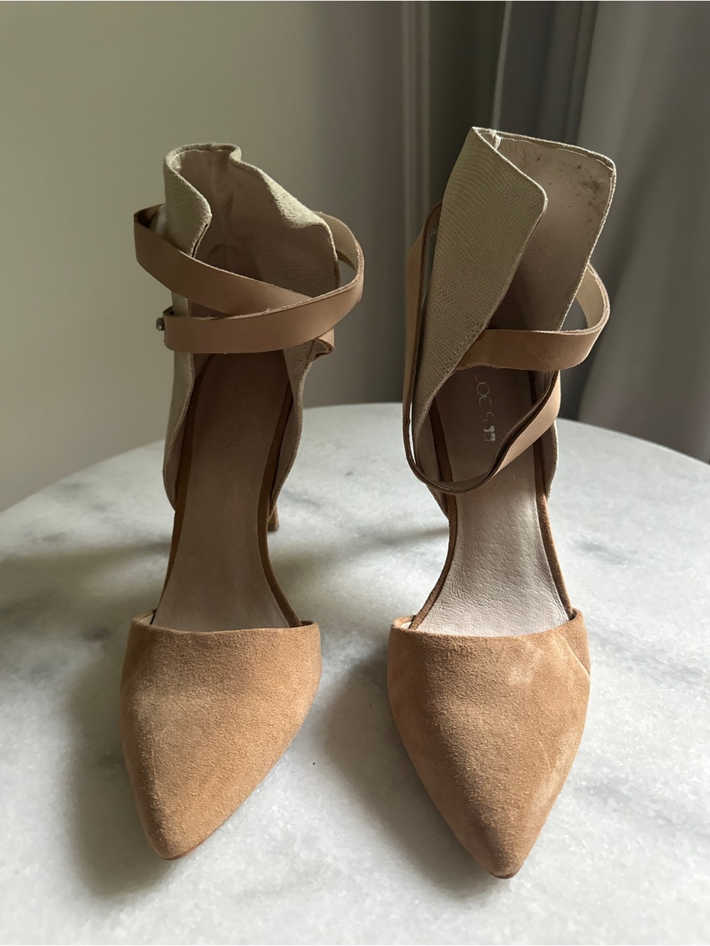 Joe's Jeans Suede Pointed-Toe Ankle-Strap Pumps in Tan - Picture 1 of 5
